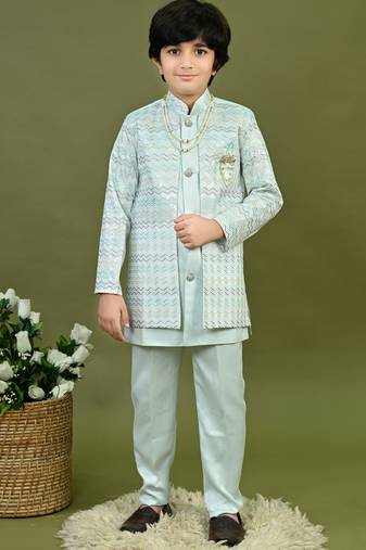 Boys satin chevron sequined embroidered sherwani set- light blue
