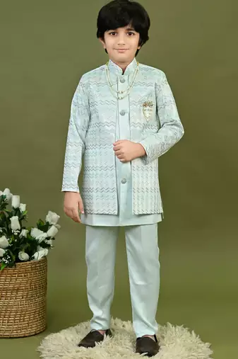 Boys satin chevron sequined embroidered sherwani set- light blue