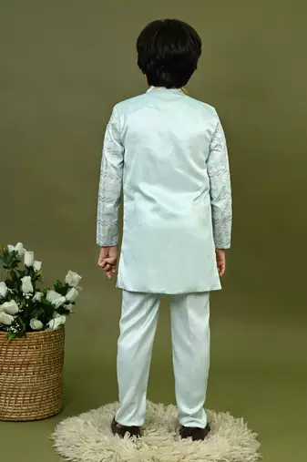 Boys satin chevron sequined embroidered sherwani set- light blue
