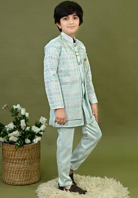 Boys satin chevron sequined embroidered sherwani set- light blue 3