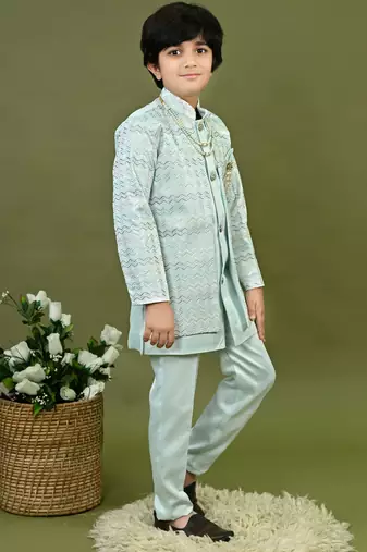 Boys satin chevron sequined embroidered sherwani set- light blue