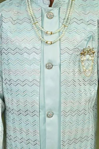 Boys satin chevron sequined embroidered sherwani set- light blue