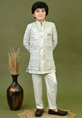 Boys satin chevron sequined embroidered sherwani set- off white 1