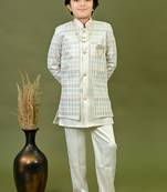 Boys satin chevron sequined embroidered sherwani set- off white