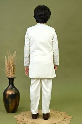Boys satin chevron sequined embroidered sherwani set- off white 2