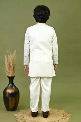 Boys satin chevron sequined embroidered sherwani set- off white
