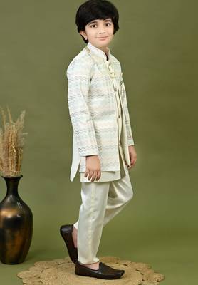 Boys satin chevron sequined embroidered sherwani set- off white 3