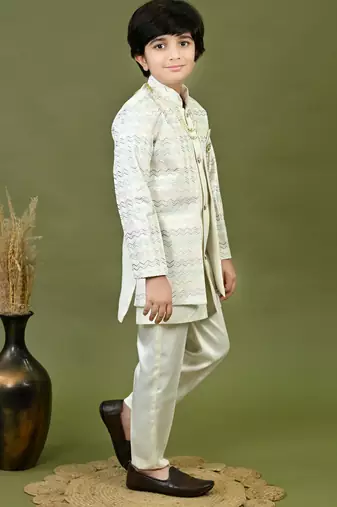 Boys satin chevron sequined embroidered sherwani set- off white