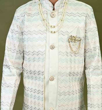 Boys satin chevron sequined embroidered sherwani set- off white 4