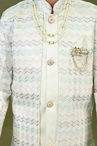 Boys satin chevron sequined embroidered sherwani set- off white