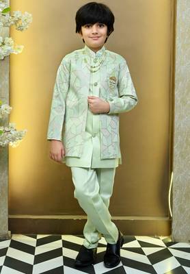 Boys satin geometric sequined mosaic design sherwani set- mint green 1