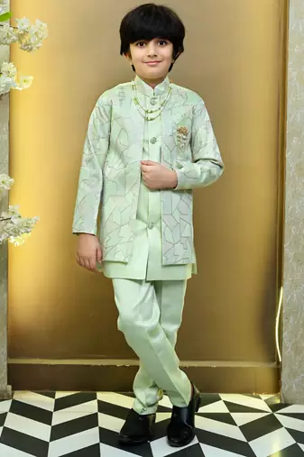 Boys satin geometric sequined mosaic design sherwani set- mint green