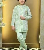 Boys satin geometric sequined mosaic design sherwani set- mint green