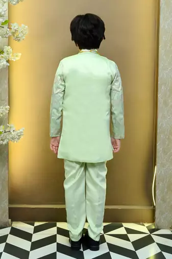 Boys satin geometric sequined mosaic design sherwani set- mint green