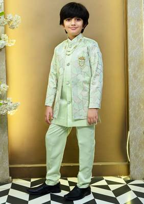 Boys satin geometric sequined mosaic design sherwani set- mint green 3