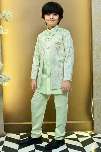 Boys satin geometric sequined mosaic design sherwani set- mint green