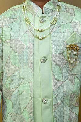Boys satin geometric sequined mosaic design sherwani set- mint green 4