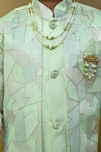 Boys satin geometric sequined mosaic design sherwani set- mint green