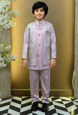 Boys satin geometric sequined mosaic design sherwani set- lilac 1