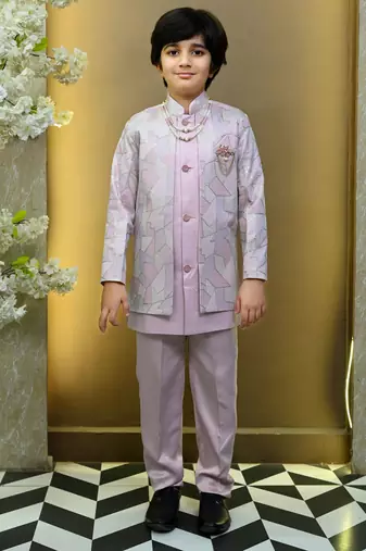 Boys satin geometric sequined mosaic design sherwani set- lilac