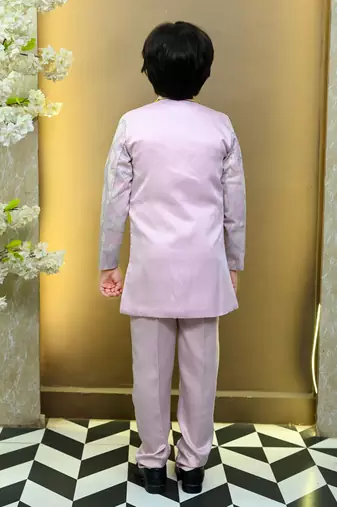 Boys satin geometric sequined mosaic design sherwani set- lilac