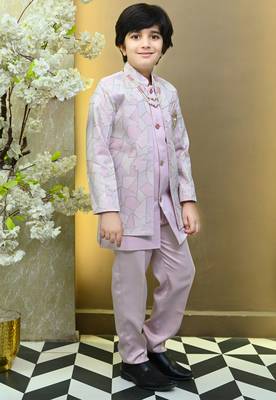Boys satin geometric sequined mosaic design sherwani set- lilac 3