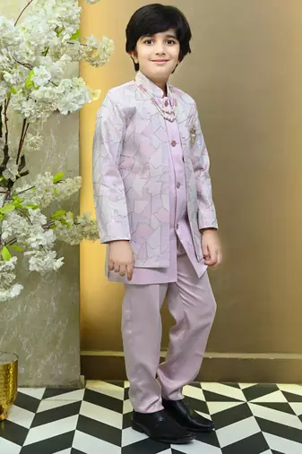 Boys satin geometric sequined mosaic design sherwani set- lilac