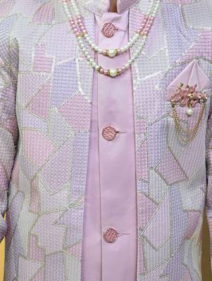 Boys satin geometric sequined mosaic design sherwani set- lilac 4