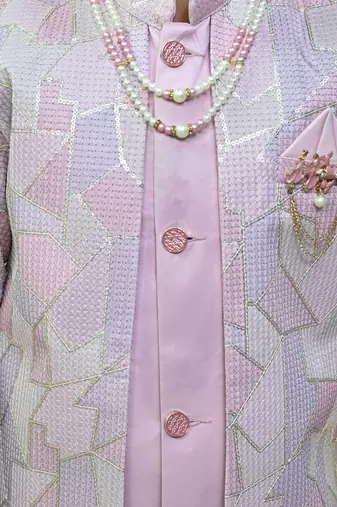 Boys satin geometric sequined mosaic design sherwani set- lilac