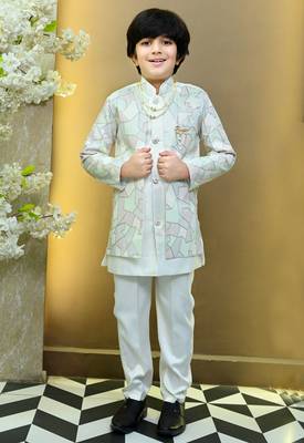 Boys satin geometric sequined mosaic design sherwani set- white 1
