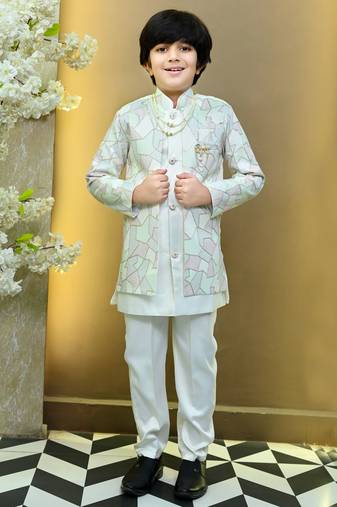Boys satin geometric sequined mosaic design sherwani set- white