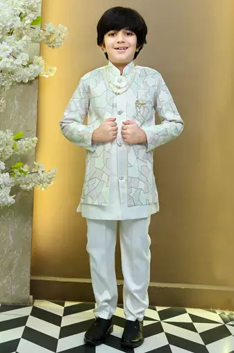 Boys satin geometric sequined mosaic design sherwani set- white