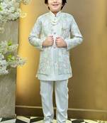Boys satin geometric sequined mosaic design sherwani set- white