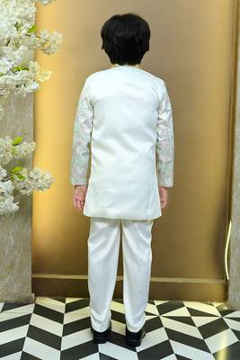 Boys satin geometric sequined mosaic design sherwani set- white 2