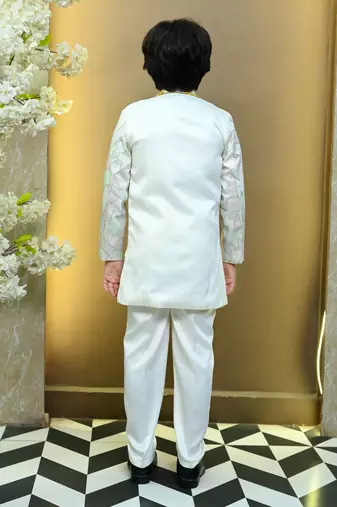 Boys satin geometric sequined mosaic design sherwani set- white