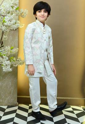 Boys satin geometric sequined mosaic design sherwani set- white 3
