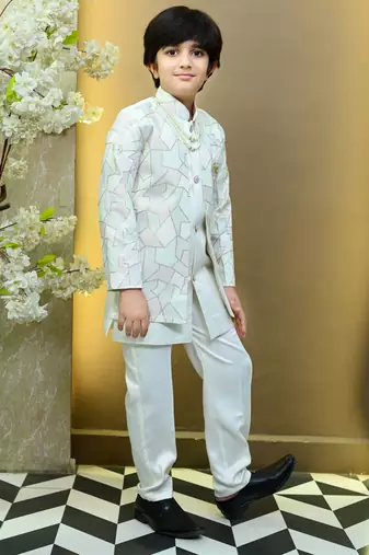 Boys satin geometric sequined mosaic design sherwani set- white