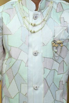Boys satin geometric sequined mosaic design sherwani set- white 4