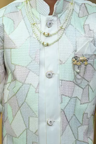 Boys satin geometric sequined mosaic design sherwani set- white