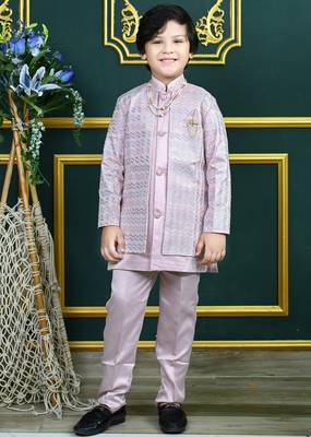 Boys satin chevron sequined embroidered sherwani set- lilac 1