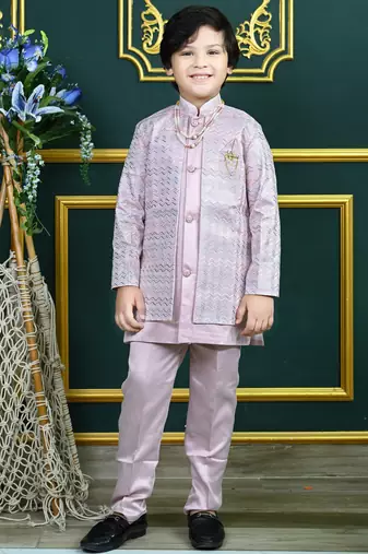 Boys satin chevron sequined embroidered sherwani set- lilac