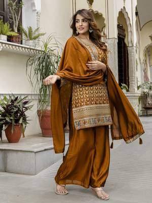 Trendmalls Art Silk Sequins Embroidery Kurta Palazzo Set with Dupatta for Women 9