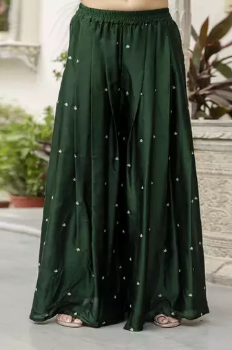 Trendmalls Dark Green Satin Embroidery Skirt Kurta with Dupatta Set