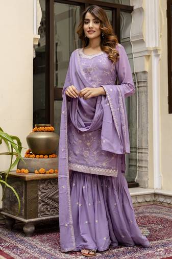 Art Silk Embroidery Kurta Sharara Set with Dupatta