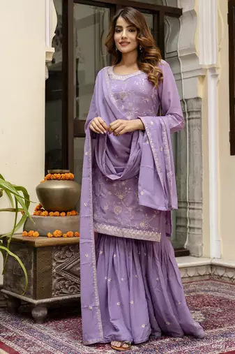 Art Silk Embroidery Kurta Sharara Set with Dupatta