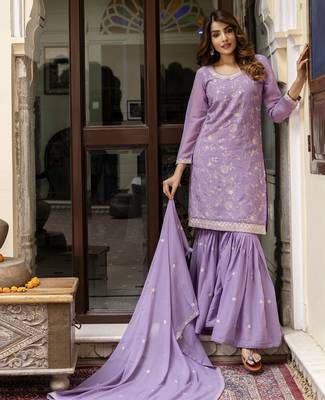 Art Silk Embroidery Kurta Sharara Set with Dupatta 7