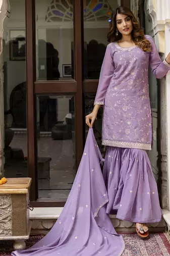 Trendmalls Trendmalls Art Silk Embroidery Kurta Sharara Set with Dupatta