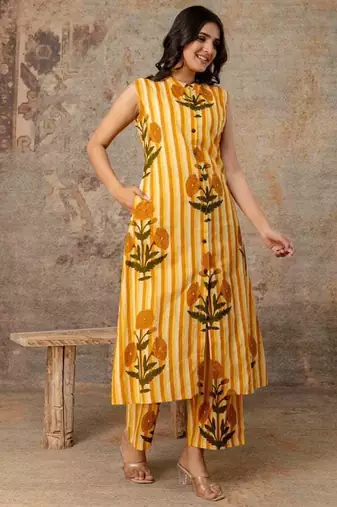 Yellow Striped Floral Sleeveless Cotton Kurta Set