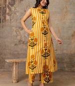 Yellow Striped Floral Sleeveless Cotton Kurta Set