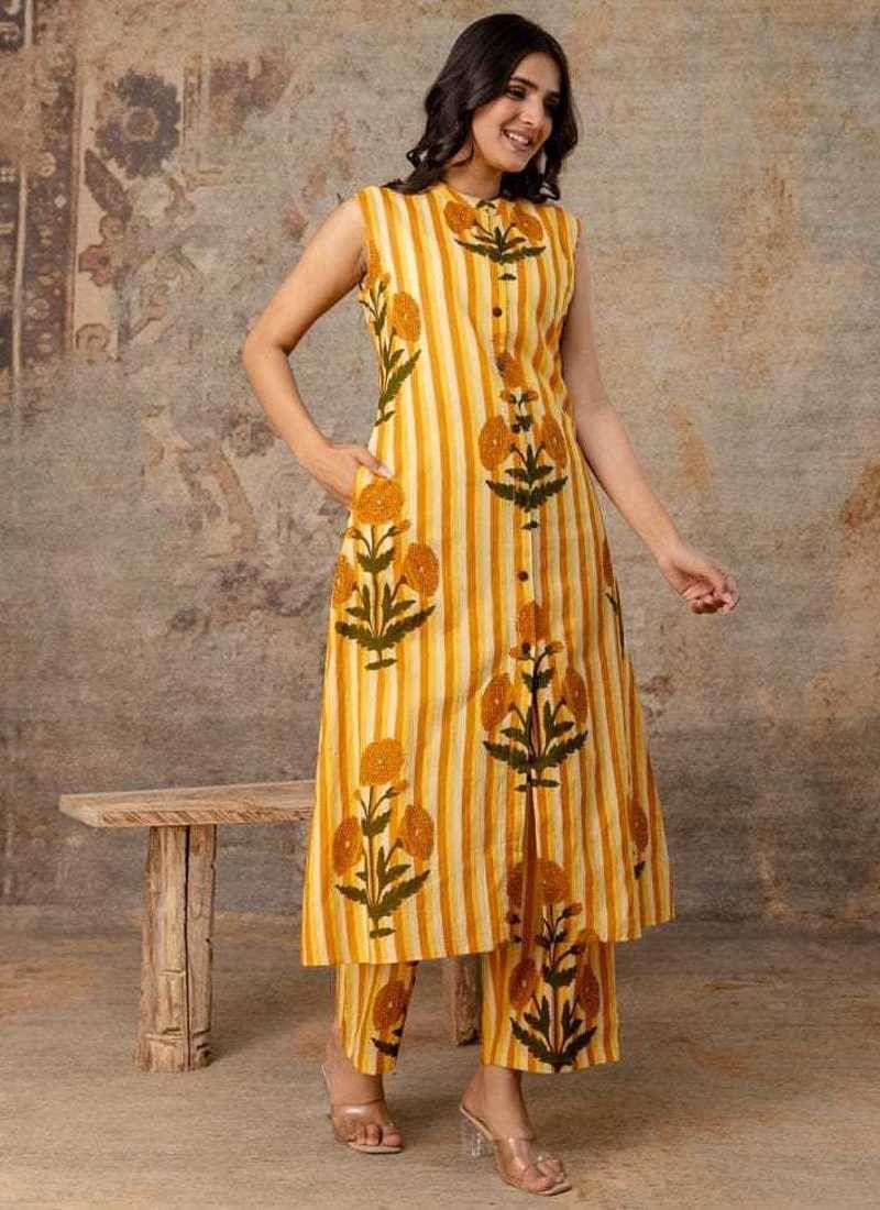 Yellow Striped Floral Sleeveless Cotton Kurta Set